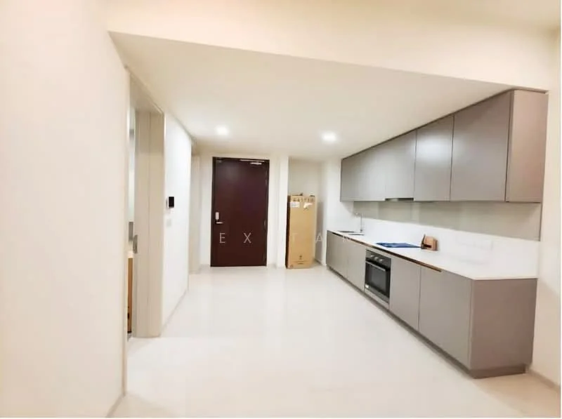 Kitchen features: white painted walls, light grey cabinetry, marble countertop, built-in oven, stainless-steel sink, chrome pull-down faucet, ceramic tile flooring, recessed LED downlights, floor-to-ceiling windows, open shelving, kitchen island, wall-mounted cabinets, door leading to hallway; style: modern.