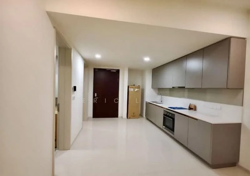 Kitchen features: white painted walls, polished tile flooring, grey flat-panel cabinets, white quartz countertop, built-in oven, stainless-steel sink, single-bowl stainless-steel sink, chrome pull-down faucet, recessed LED downlights, open shelving, kitchen island, appliance garage, wall-mounted cabinet, door leading to hallway; style: modern.