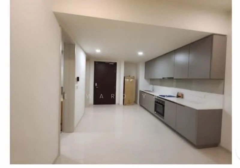 Kitchen features: white quartz countertop, grey flat-panel cabinets, built-in oven, stainless-steel range hood, 4-burner gas hob, single-bowl stainless-steel sink, chrome pull-down faucet, recessed LED downlights, white walls, ceramic tile flooring; style: modern. Room features: white walls, ceramic tile flooring, recessed LED downlights.