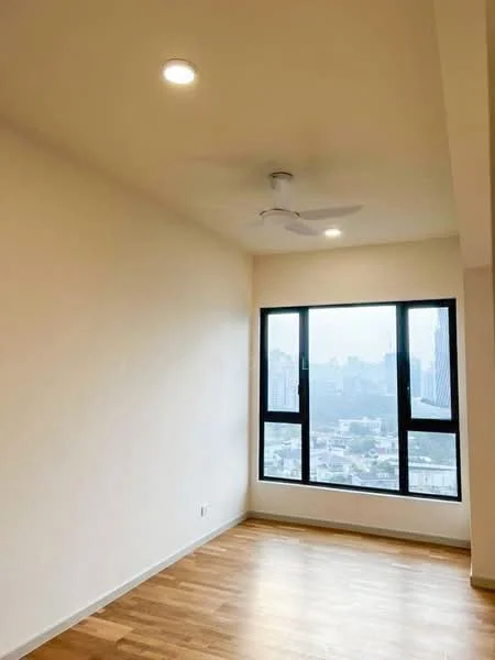 Room features: light wood flooring, white painted walls, recessed downlights, ceiling fan, floor-to-ceiling windows, city view; style: modern; view: city.
