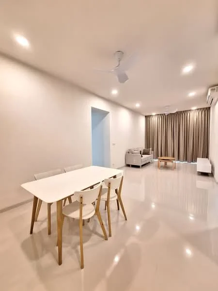 Living features: white painted walls, polished tile flooring, recessed LED downlights, 5-blade ceiling fan, floor-to-ceiling windows with sheer curtains, light grey fabric sofa, wooden coffee table, white TV console, dining table with white surface and wooden legs, 3 dining chairs with wooden legs; style: modern.
