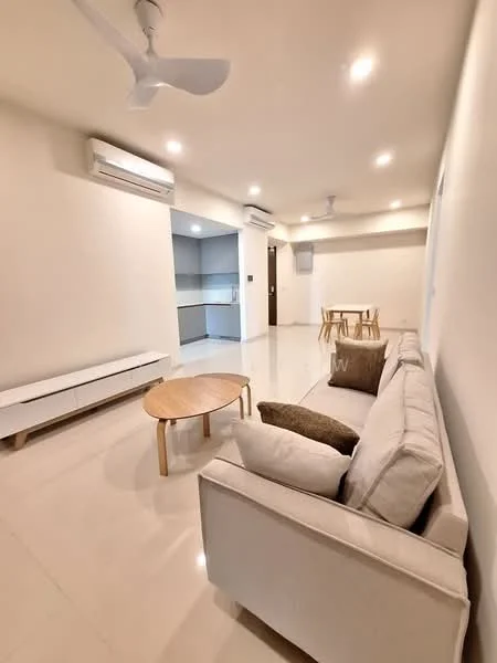 Living features: light-colored painted walls, polished tile flooring, 5-blade ceiling fan, 2 wall-mounted split AC units, 3-seater fabric sofa in light color, wooden coffee table, TV console, dining table with chairs, recessed downlights; style: modern. Kitchen features: open kitchen layout, kitchen cabinetry, countertop, built-in appliances; style: modern.