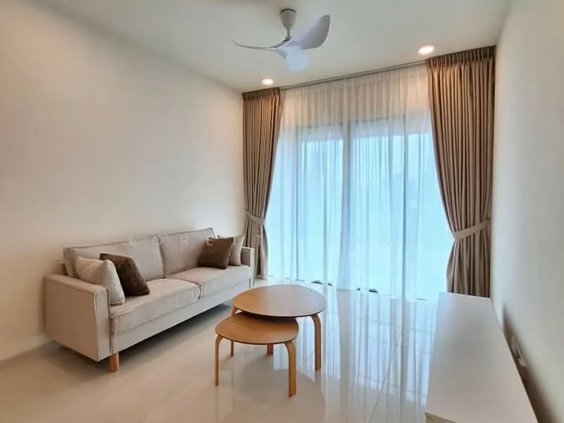 Living features: 3-seater fabric sofa in beige, 2 decorative cushions, round wooden coffee table, floor-to-ceiling windows, sheer curtains, light brown curtain drapes, recessed downlights, ceiling fan, white painted walls, glossy tile flooring; style: modern; view: city.