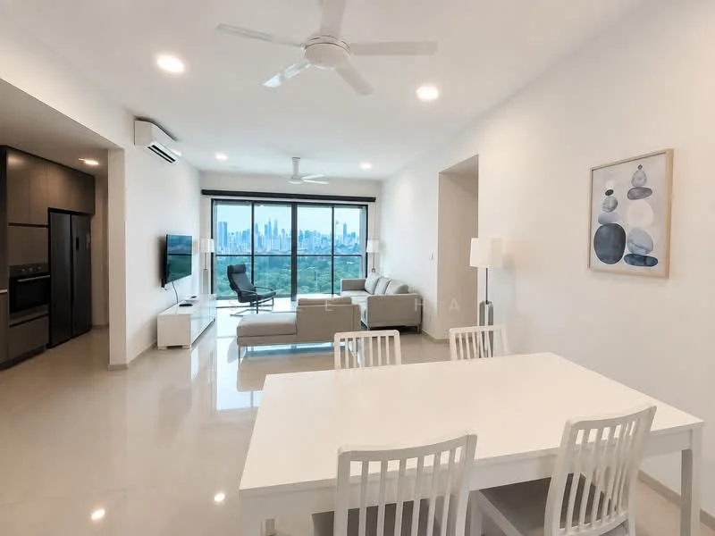 Living features: 5-blade ceiling fan with light, floor-to-ceiling windows, grey fabric sofa, white coffee table, wall-mounted TV, light-colored walls, polished tile flooring, decorative artwork on wall, white dining table with four chairs, recessed downlights; style: modern; view: city.