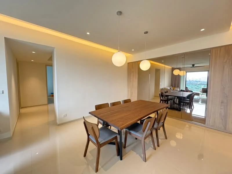 Dining features: wood dining table, 6 upholstered dining chairs, mirrored wall, recessed ceiling lights, pendant lighting, cream painted walls, glossy tile flooring, open layout to living area, floor-to-ceiling windows, city view; style: modern; view: city. Room features: cream painted walls, glossy tile flooring.