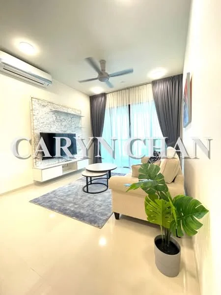 Living features: light beige fabric sofa, round coffee table, area rug with geometric pattern, wall-mounted TV, white TV console, 5-blade ceiling fan with light, floor-to-ceiling windows, sheer curtains, potted houseplant, recessed downlights, light-colored walls, cream tiled flooring; style: modern; view: city.
