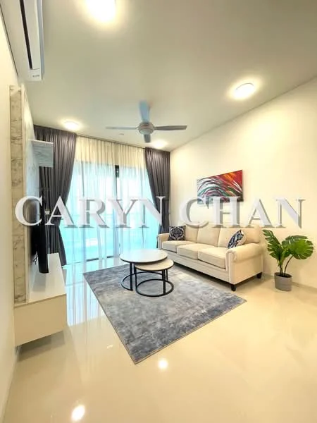 Living features: 3-seater fabric sofa in beige, round coffee table, area rug with geometric pattern, floor-to-ceiling windows, sheer curtains, 5-blade ceiling fan with light, wall-mounted TV console, decorative wall art, potted plant; style: modern.
