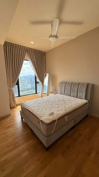 Bedroom features: king-size bed, upholstered headboard, floor-to-ceiling windows, city view, wooden flooring, 5-blade ceiling fan, curtains, mirror, decorative wall, light fixtures; style: modern; view: city.
