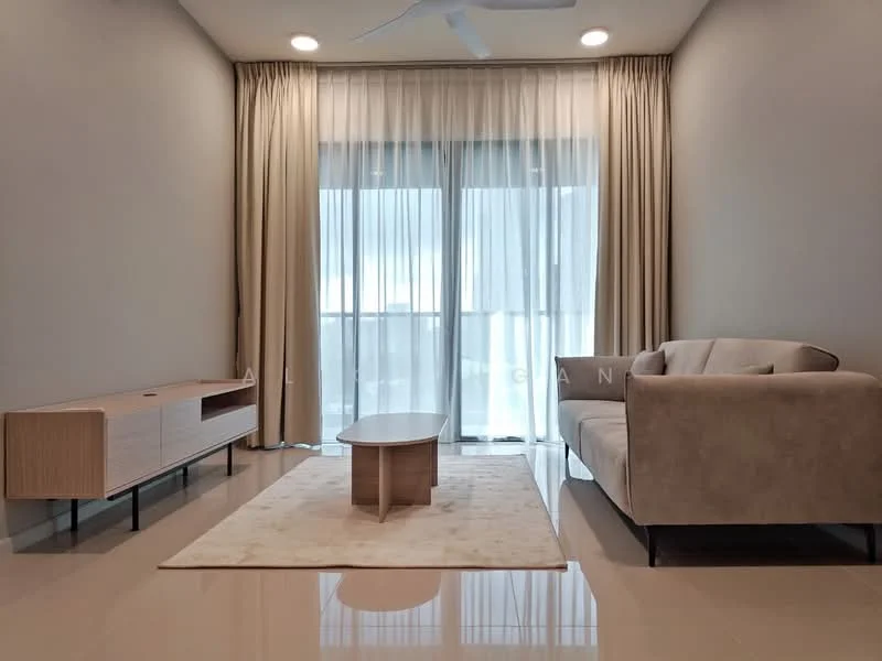 Living features: beige fabric sofa, wooden coffee table, light-colored area rug, TV console with storage, floor-to-ceiling windows, sheer curtains, recessed downlights, glossy tile flooring, ceiling fan; style: modern.