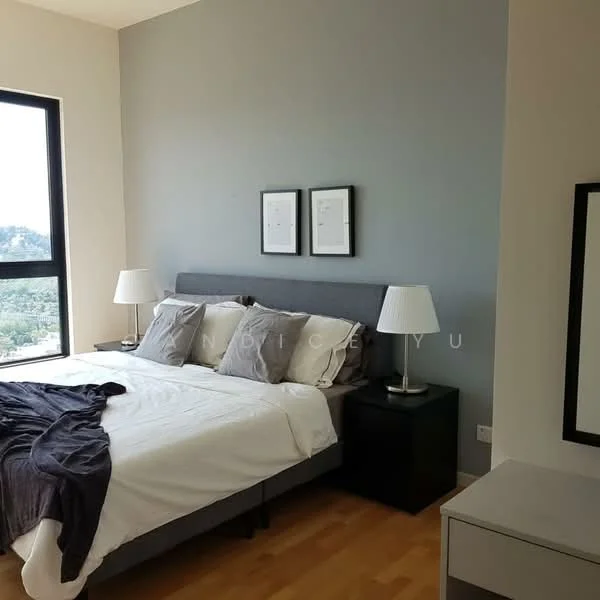 Bedroom features: king-size bed with grey upholstered headboard, white bedding with grey throw blanket, two bedside lamps with white shades, dark wood bedside tables, large window with black frame, grey accent wall, light wood flooring, framed artwork on wall; style: modern; view: city.