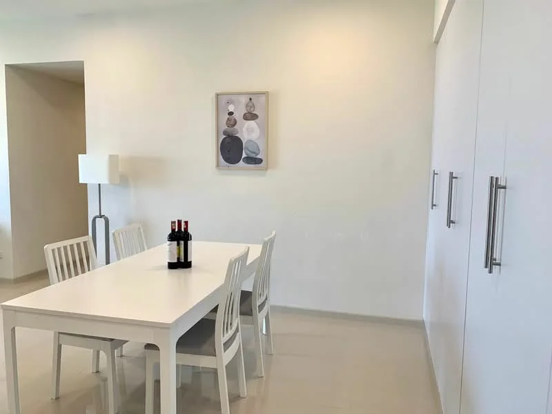 Dining features: white dining table, 4 white dining chairs, framed artwork on wall, white built-in cabinetry, laminate flooring, floor-to-ceiling windows, table with wine bottles, modern floor lamp; style: modern.