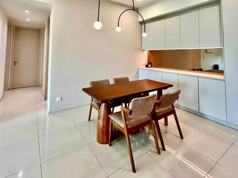 Dining features: wooden dining table, 4 upholstered dining chairs, white cabinetry, recessed lighting, pendant light fixture with three globes, glossy tile flooring, neutral wall color, open kitchen layout; style: modern. Room features: plain walls, doorway leading to hallway.