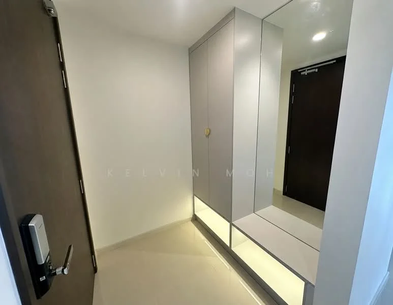 Room features: white painted walls, light-colored flooring, built-in wardrobe with mirrored doors, bench seating, LED strip lighting under bench, door with modern handle, full-length mirror, wall-mounted coat hooks; style: modern.