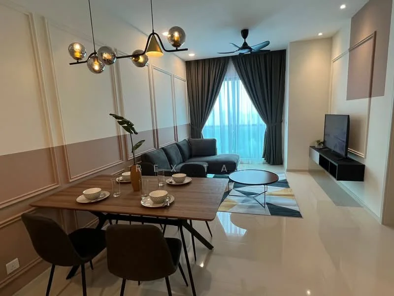Dining features: 6-seater dining table, black dining chairs, pendant light fixture, decorative vase on table, table setting with plates and cutlery, wall-mounted TV, sofa in grey fabric, coffee table, area rug with geometric pattern, floor-to-ceiling windows with sheer curtains, ceiling fan with light, light-colored walls with decorative paneling, polished tile flooring; style: modern; view: city.