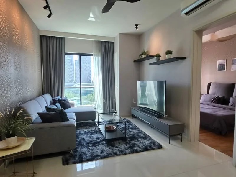 Living features: grey fabric 3-seater sofa, glass coffee table, area rug with geometric pattern, wall-mounted TV, TV console, floor-to-ceiling windows, curtains, decorative wall with texture, ceiling fan with light, decorative plants on shelves; style: modern; view: garden. Room features: bed with bedding, wall-mounted shelves, decorative frames on wall.
