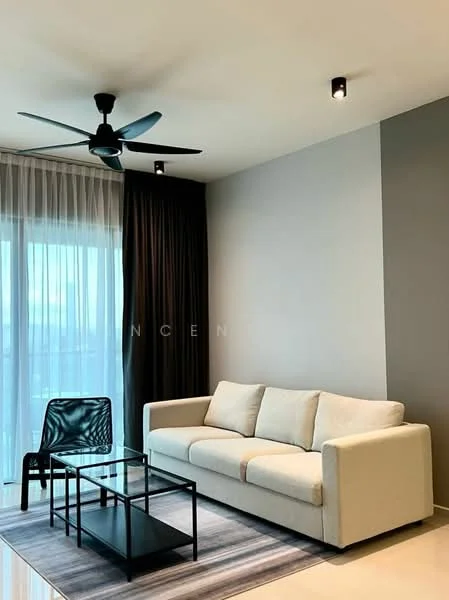 Living features: 3-seater fabric sofa in beige, black coffee table with glass top, area rug with geometric pattern, floor-to-ceiling windows, sheer curtains, black accent chair, recessed LED downlights, ceiling fan with 3 blades; style: modern.