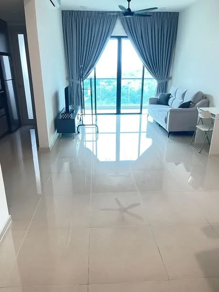 Living features: large floor-to-ceiling windows, grey fabric sofa, white dining table, 4 white dining chairs, light grey curtains, polished ceramic tile flooring, ceiling fan with light, wall-mounted TV, decorative plant, open layout, neutral painted walls; style: modern; view: city.