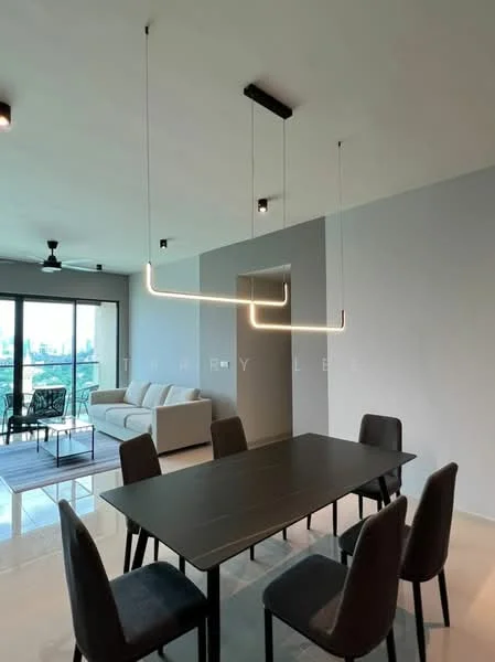 Dining features: rectangular dining table, 4 upholstered dining chairs, pendant light fixture, recessed downlights, light grey painted walls, floor-to-ceiling windows, sliding glass door, open layout to living area, polished tile flooring, ceiling fan; style: modern; view: city. Living features: 3-seater fabric sofa in light grey, coffee table, area rug, TV console, wall-mounted TV; style: modern; view: city.