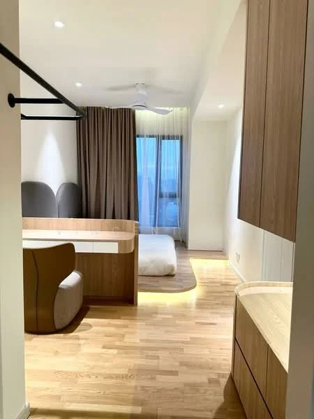 Bedroom features: wooden flooring, floor-to-ceiling window, sheer curtains, brown curtains, ceiling fan, built-in wardrobe, curved wooden headboard, bed with white bedding, wall-mounted light fixtures, decorative wall paneling; style: modern; view: city.