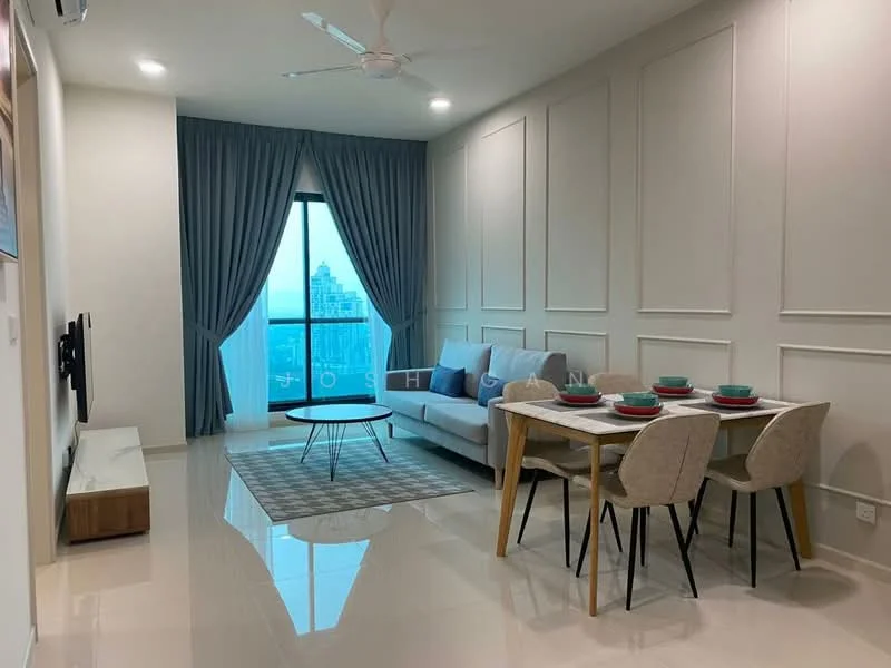 Living features: light grey fabric sofa, round coffee table, 4-seater dining table, upholstered dining chairs, floor-to-ceiling windows, sheer curtains, white painted walls with paneling, glossy tile flooring, ceiling fan with light, decorative wall art; style: modern; view: city.