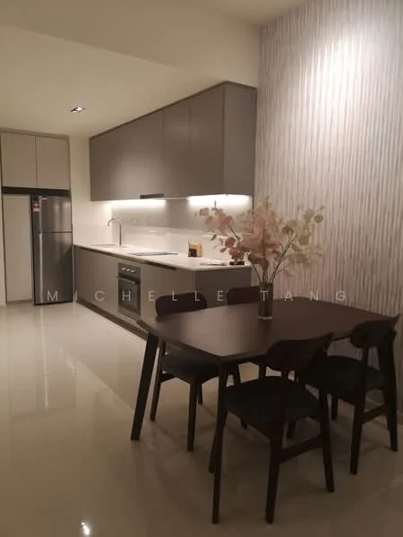 Kitchen features: grey cabinetry, white countertop, stainless-steel sink, chrome pull-down faucet, built-in oven, freestanding fridge, 4-burner gas hob, white backsplash, recessed LED downlights, dining table with four chairs, decorative vase with flowers, cream painted walls, polished tile flooring; style: modern.