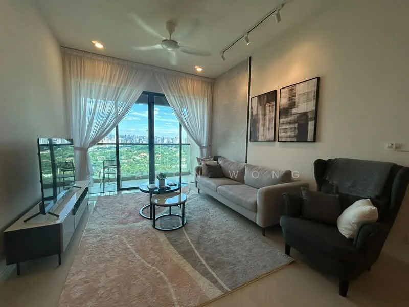Living features: 3-seater fabric sofa in light grey, black armchair, coffee table with round glass top, TV console, wall-mounted TV, area rug with neutral tones, floor-to-ceiling windows, sheer curtains, recessed downlights, ceiling fan with light; style: modern; view: city.
