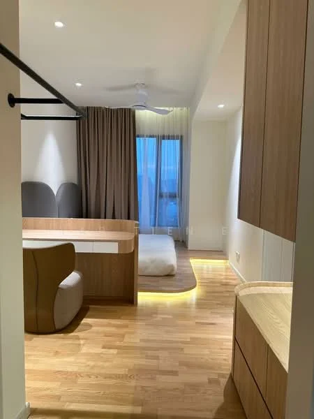 Bedroom features: wooden flooring, light brown walls, floor-to-ceiling window, sheer curtains, 5-blade ceiling fan, upholstered headboard, built-in wardrobe, nightstand, ambient lighting, queen-size bed, decorative wall paneling; style: modern; view: city.