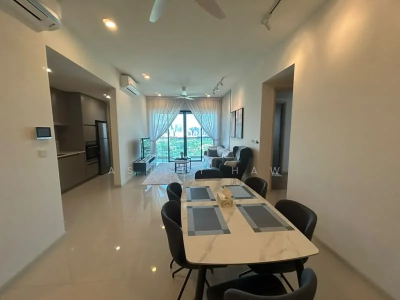 Dining features: 6-seater dining table with marble top, black dining chairs, pendant lighting, large window with city view, white walls, polished tile flooring, air conditioning unit, decorative plant on table; style: modern; view: city. Living features: sofa in grey fabric, coffee table, TV console, large window with city view, white walls, polished tile flooring, air conditioning unit, recessed lighting; style: modern; view: city.