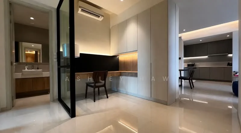 Room features: glossy marble tile flooring, white painted walls, recessed downlights, wall-mounted split AC, built-in cabinetry with wood accents, black accent wall, mirror above vanity, wooden chair; style: modern.