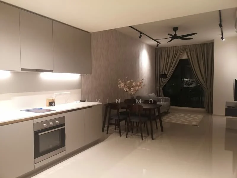 Kitchen features: grey flat-panel cabinets, white countertop, built-in oven, stainless-steel sink, chrome pull-down faucet; style: modern. Living features: 3-seater fabric sofa in light grey, wood dining table with 4 chairs, area rug with geometric pattern, floor-to-ceiling windows, curtains, ceiling fan with light, wall-mounted TV; style: modern; view: city.