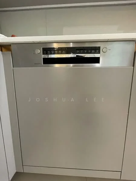Kitchen features: stainless-steel dishwasher, built-in appliance, control panel with buttons, integrated design, white cabinetry, countertop, grey tile flooring; style: modern.