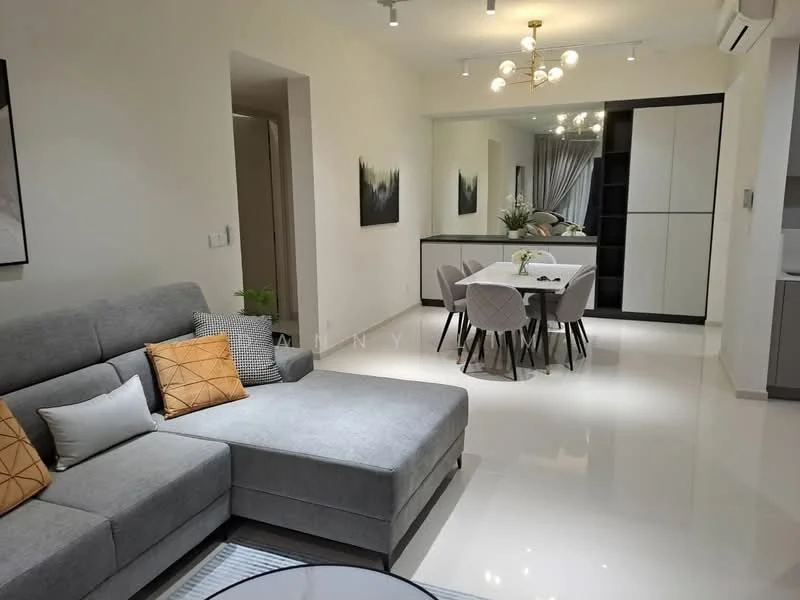 Living features: grey fabric sectional sofa, decorative cushions in geometric patterns, white coffee table with black accents, recessed LED downlights, chandelier with multiple bulbs, white walls, polished tile flooring, floor-to-ceiling mirror, open-plan layout to dining area, wall-mounted air conditioning unit; style: modern. Dining features: 6-seater rectangular dining table, upholstered dining chairs, minimalist decor, white cabinetry, mirror backsplash, neutral color palette; style: modern.