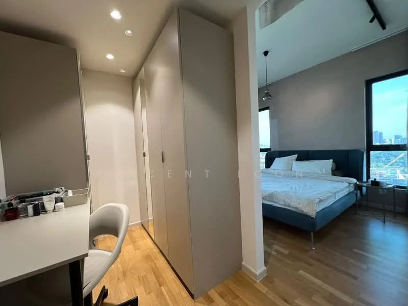 Bedroom features: queen-size bed with upholstered headboard, nightstand, desk with chair, built-in wardrobe, large window with city view, wooden flooring, recessed downlights, decorative pendant light; style: modern; view: city.