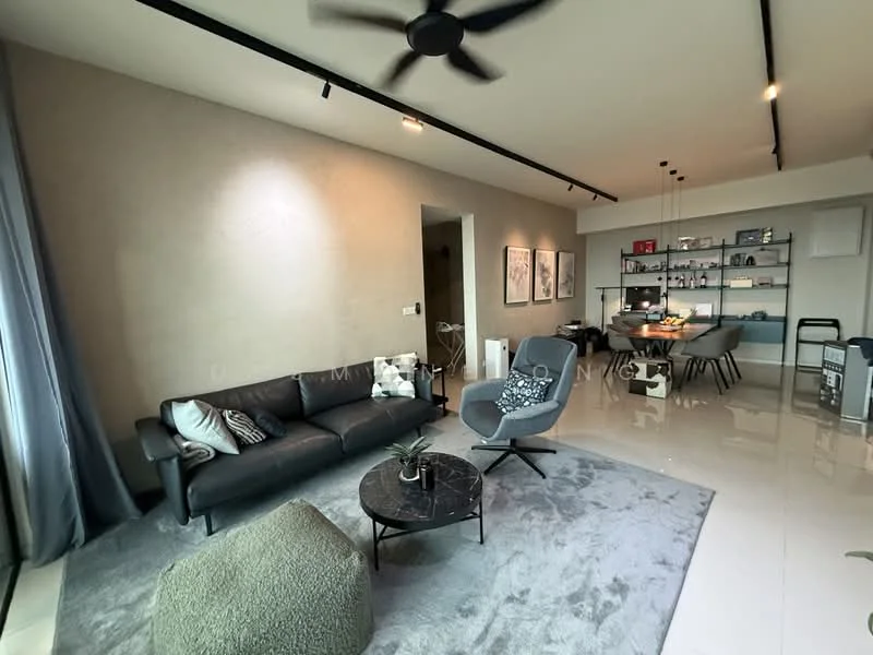 Living features: 3-seater fabric sofa in dark grey, accent chair in light grey, round coffee table with black surface, area rug in light grey, floor-to-ceiling windows with sheer curtains, ceiling fan with light, recessed LED downlights, decorative wall art, open shelving unit with decorative items, dining table with chairs visible in background; style: modern; view: city.