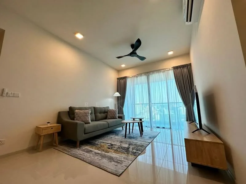 Living features: 3-seater fabric sofa in grey, wooden side table, area rug with abstract pattern, wall-mounted TV, floor-to-ceiling windows, sheer curtains, ceiling fan with light, recessed downlights, polished tile flooring, decorative wall, light grey painted walls; style: modern; view: city.