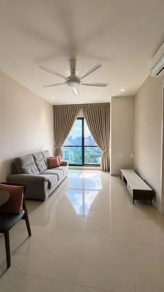 Living features: grey fabric sofa, 2 accent pillows, coffee table, TV console, floor-to-ceiling windows, curtains, ceiling fan, polished tile flooring, wall-mounted air conditioning unit, neutral painted walls, recessed lighting; style: modern; view: city.
