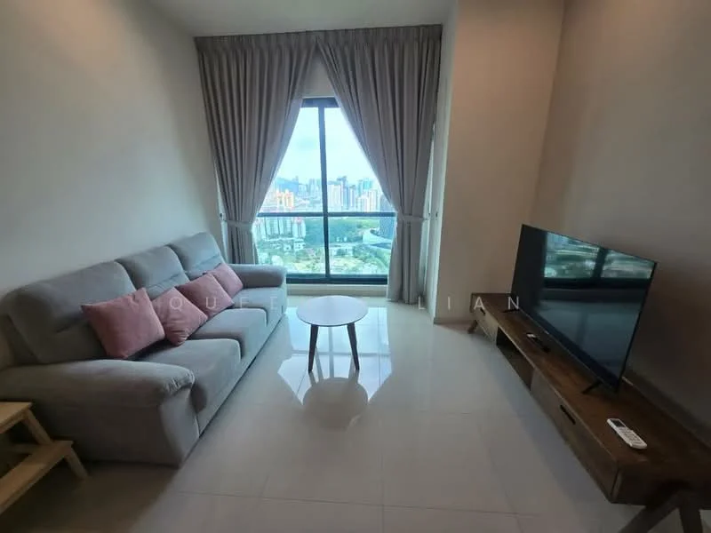 Living features: 3-seater fabric sofa in grey, 2 pink decorative cushions, round wooden coffee table, TV console in wood, wall-mounted TV, floor-to-ceiling windows, curtains in light fabric, glossy tile flooring, city skyline view; style: modern; view: city.
