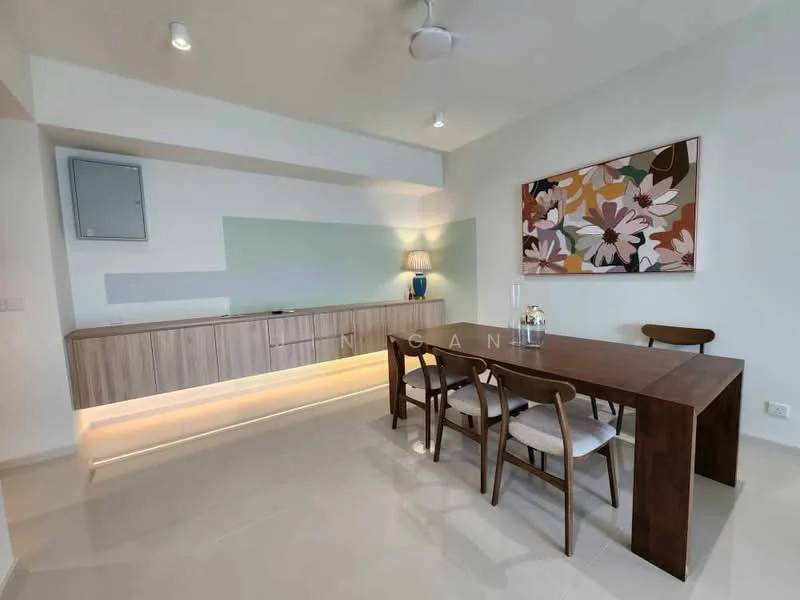 Dining features: wooden dining table, 4 wooden dining chairs, decorative wall art with floral pattern, built-in cabinetry with lighted shelves, light fixture on the table, light-colored walls, cream tiled flooring, ceiling fan; style: modern.