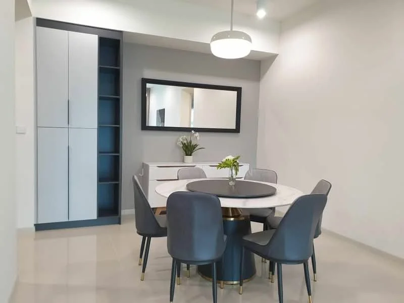 Dining features: round marble dining table, 6 upholstered dining chairs in grey, built-in cabinetry with blue accents, large wall mirror, decorative plant on table, neutral painted walls, recessed ceiling lights, tile flooring; style: modern.