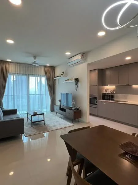Living features: 3-seater fabric sofa in grey, coffee table, wall-mounted TV, TV console, area rug, floor-to-ceiling windows, sheer curtains, 5-blade ceiling fan with light, recessed LED downlights, decorative wall shelf, wall-mounted decor, marble tile flooring; style: modern; view: city. Kitchen features: grey flat-panel cabinets, built-in oven, microwave, stainless-steel fridge, stainless-steel sink, chrome pull-down faucet, quartz countertop, ceramic tile backsplash, recessed LED downlights; style: modern.