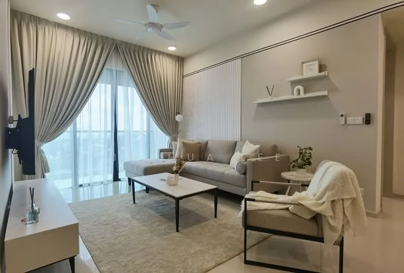 Living features: 3-seater fabric sofa in light grey, coffee table with white top, area rug in beige, wall-mounted TV, TV console in white, floor-to-ceiling windows, sheer curtains, ceiling fan, decorative wall paneling, shelf with decorative items, armchair in cream, throw blanket on armchair; style: modern; view: city.