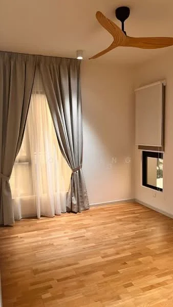 Room features: wooden flooring, light grey curtains, sheer white curtains, ceiling fan with wooden blades, window with black frame, neutral wall color, natural light from window; style: modern.