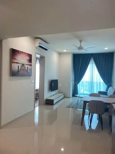 Living features: cream painted walls, glossy tile flooring, 5-blade ceiling fan with light, wall-mounted TV, TV console in light wood, large floor-to-ceiling windows, sheer curtains, blue curtains, area rug with geometric pattern, sofa in light blue, dining table with grey upholstered chairs, decorative wall art; style: modern; view: city.