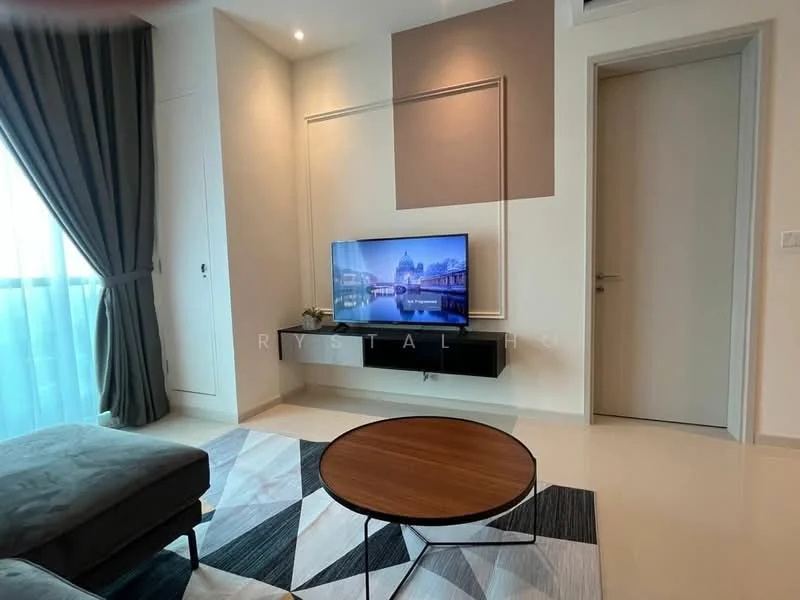 Living features: floor-to-ceiling windows, sheer curtains, wall-mounted TV, TV console, coffee table, 3-seater fabric sofa in grey, area rug with geometric pattern, cream painted walls, recessed downlights, light-colored flooring; style: modern; view: city.