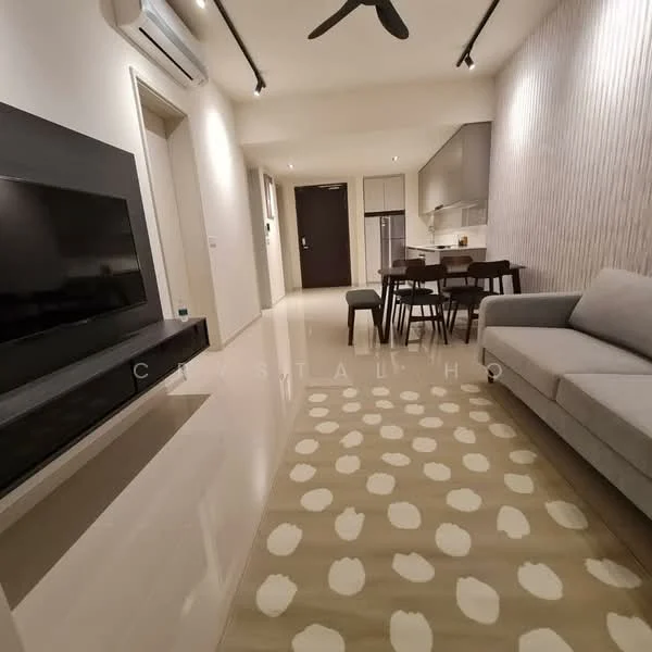 Living features: 3-seater fabric sofa in light grey, wall-mounted TV, TV console in black, area rug with polka dot pattern, recessed LED downlights, ceiling fan, dining table for 4, 4 dining chairs, cream painted walls, light-coloured tiled flooring, kitchen area visible in background; style: modern.