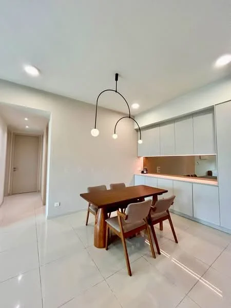 Dining features: wood dining table, 4 upholstered dining chairs, pendant light fixture with three bulbs, white cabinetry, light brown countertop, ceramic tile flooring, neutral painted walls, recessed ceiling lights; style: modern.