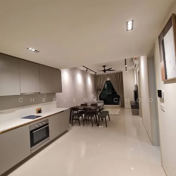 Kitchen features: white cabinets, grey cabinetry, marble countertop, built-in oven, stainless-steel range hood, 4-burner gas hob, recessed LED downlights, pendant lighting, dining table with chairs, floor-to-ceiling windows, cream walls, polished tile flooring, ceiling fan; style: modern.