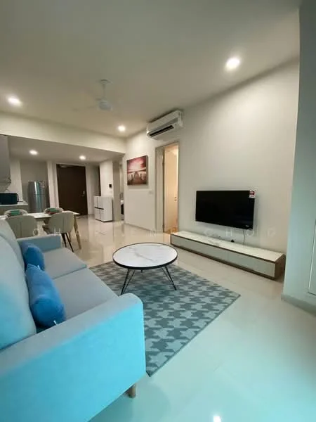 Living features: 3-seater fabric sofa in light blue, coffee table with round top, area rug with geometric pattern, wall-mounted TV, TV console with storage, recessed downlights, ceiling fan, white painted walls, glossy tile flooring, air conditioning unit, decorative wall art; style: modern.