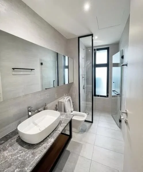 Bathroom features: single-sink vanity with marble countertop, oval ceramic sink, chrome basin mixer faucet, framed mirror, walk-in shower with glass enclosure, handheld shower, one-piece toilet, grey tiled walls, light grey floor tiles, recessed downlights, window with frosted glass; style: modern.