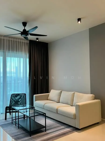 Living features: 3-seater fabric sofa in light beige, glass coffee table with black metal frame, area rug with geometric pattern, floor-to-ceiling windows, sheer curtains, blackout curtains, ceiling fan with 3 blades, recessed downlights, grey accent wall, light-colored flooring; style: modern.